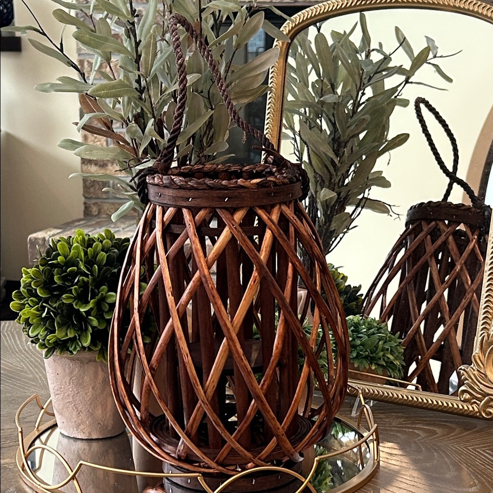NEW! LARGE Shabby Chic Coastal Rustic Wood Brown Woven Lantern